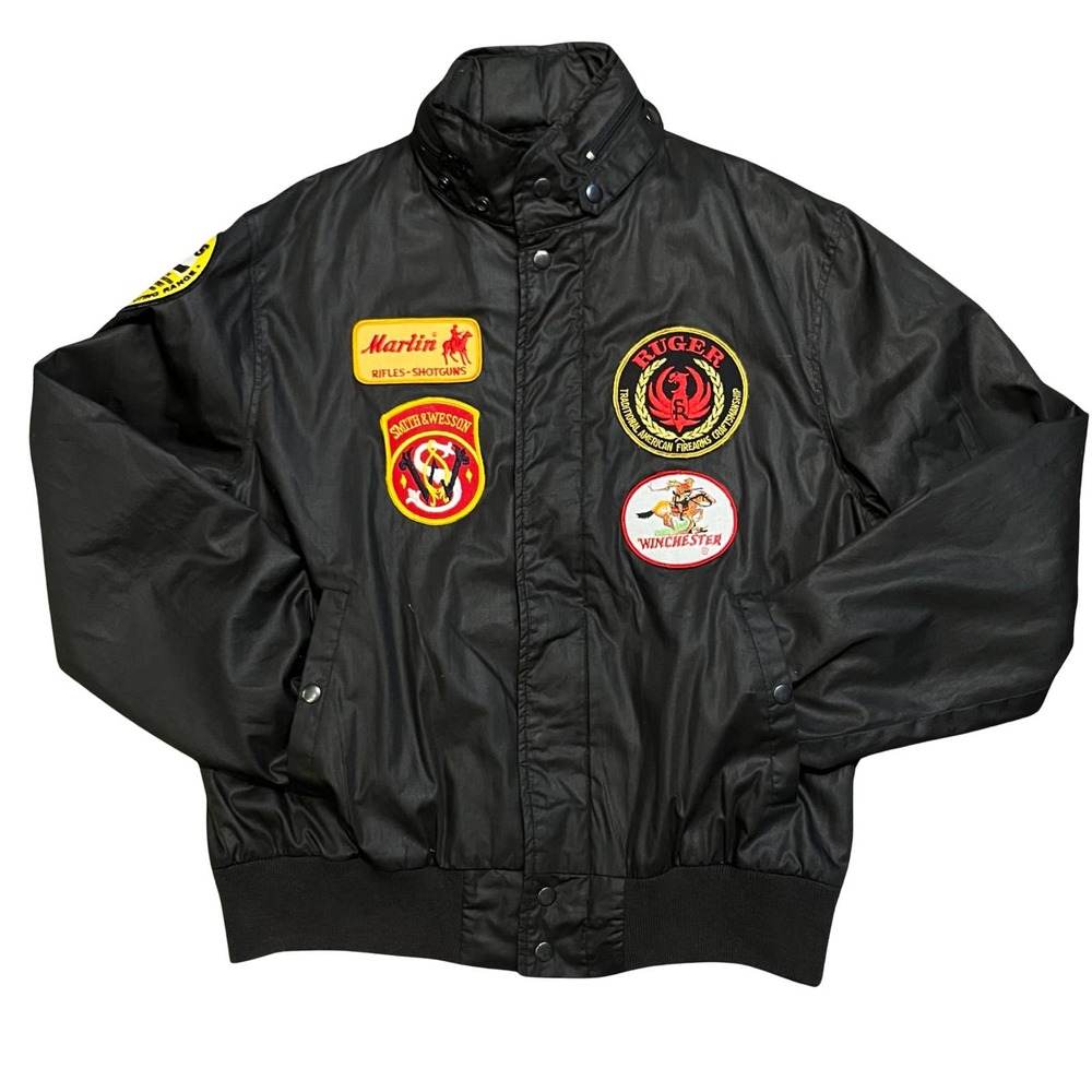 Vintage Barry Dolan Gun Patches Bomber Jacket • L